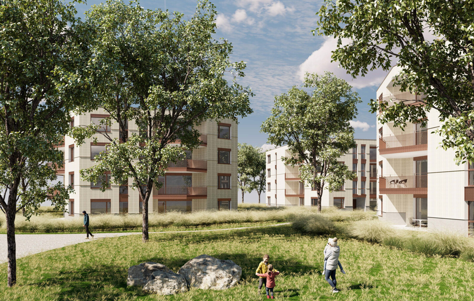 Windbüel Ruswil Visualisierung aussen Ansicht Häuser mit Bäumen Wiese spielenden Kindern